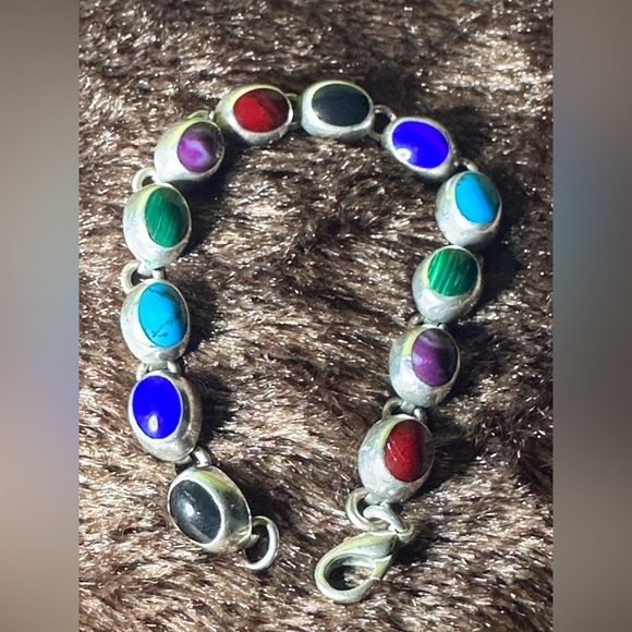 Vtg 23g Sterling Bracelet 6.5 Multi Gemstone Cabochon Onyx Lapis Coral 4127 B - Picture 7 of 12